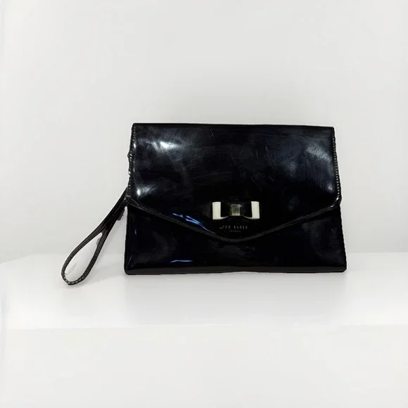 Ted Baker Bow Clutch Cersei Black Patent Leather With Wrist Strap - Picture 1 of 5